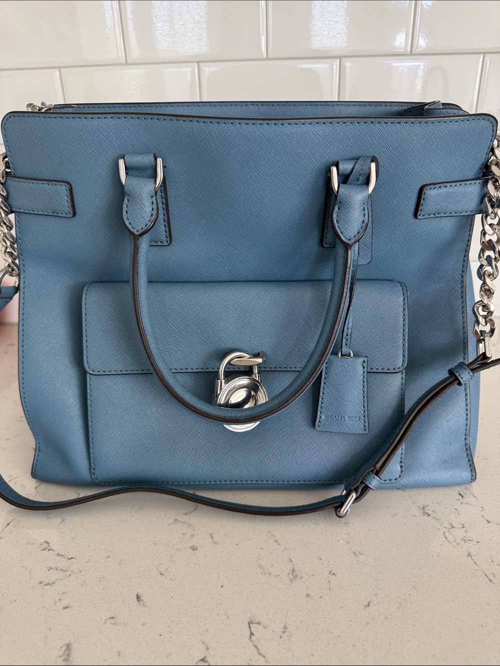 Michael Kors Blue Leather Satchel with Silver Hardware